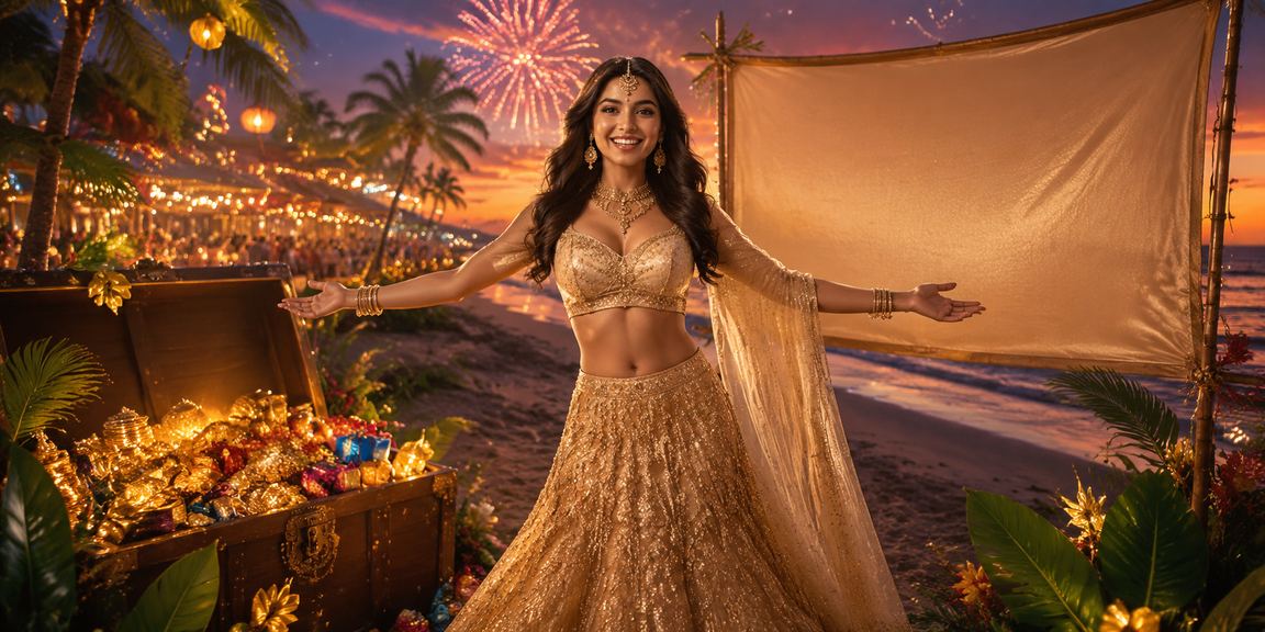 Players betting by the Goa beach in traditional lehenga attire