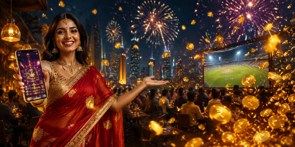 Woman in saree playing slots inspired by cricket themes