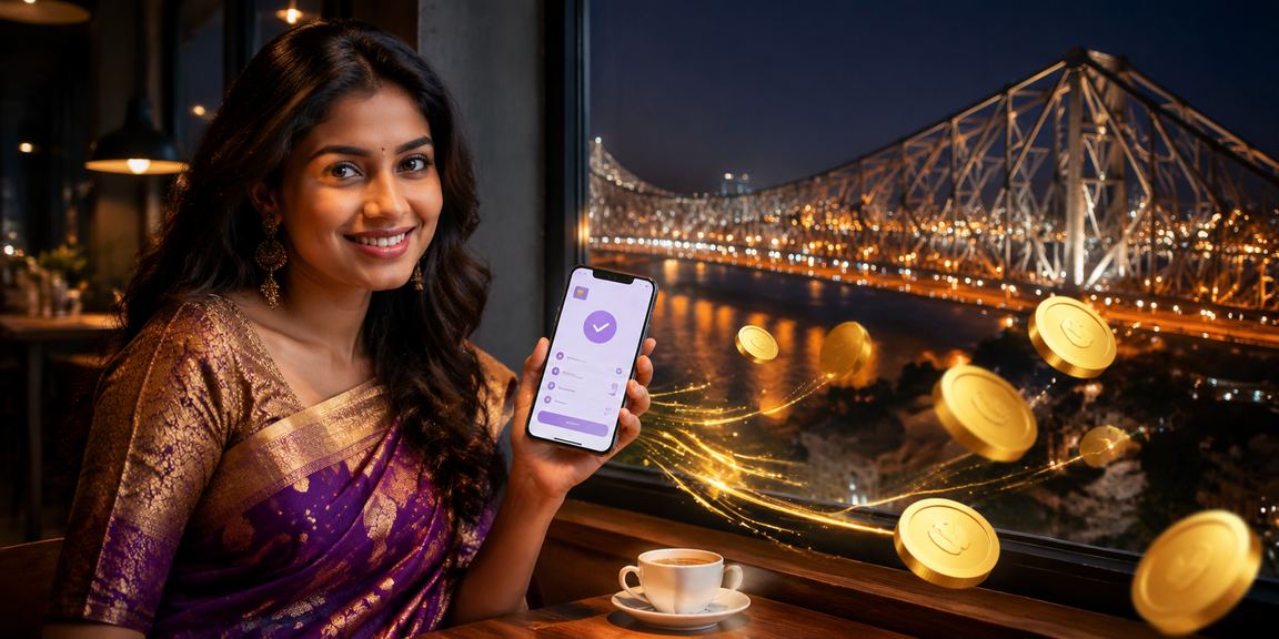 Young woman playing Rummy on mobile in Kolkata